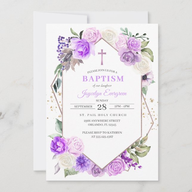 Purple Floral Spring Baptism Invitation (Front)