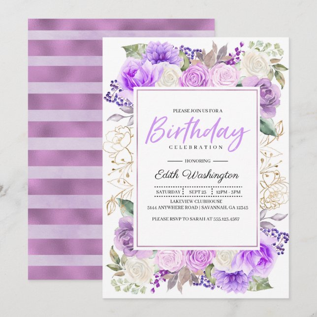 Purple Floral Spring Birthday Invitation (Front/Back)