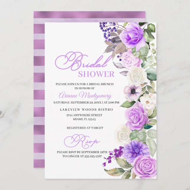 Purple Floral Spring Bridal Shower Invitation (Front/Back)