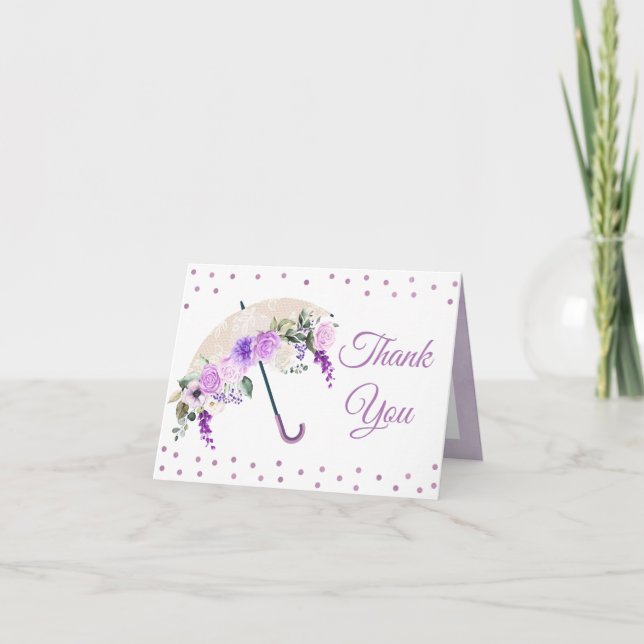 Purple Floral Spring Umbrella Thank You Card (Front)