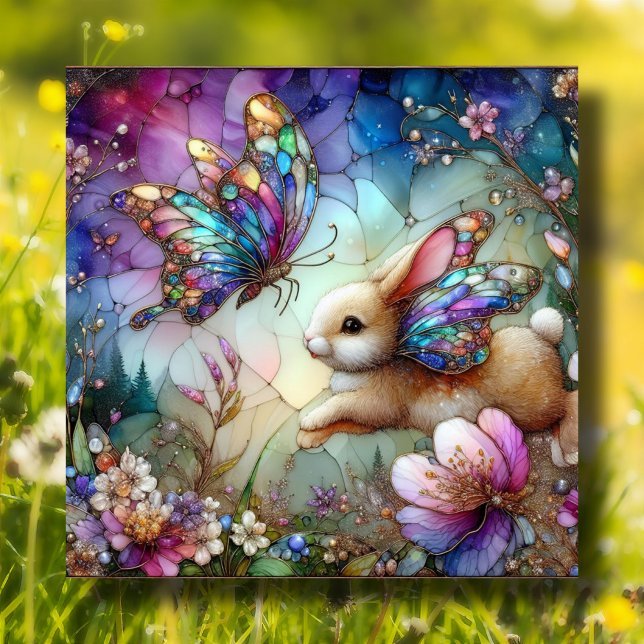 Purple Floral Stained Glass Bunny Butterfly Easter Holiday Card (Creator Uploaded)