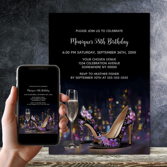 Purple Floral Stiletto Shoes Birthday Party Invitation (Creator Uploaded)