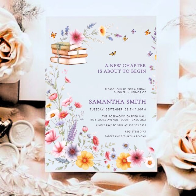 Purple Floral Storybook Chapter Bridal Shower Invitation (A romantic purple floral bridal shower invitation with books, butterflies, and elegant garden charm!)