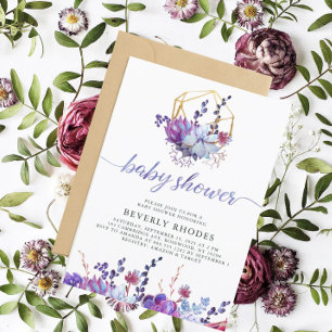 Purple Floral Succulent Baby Shower Invitation