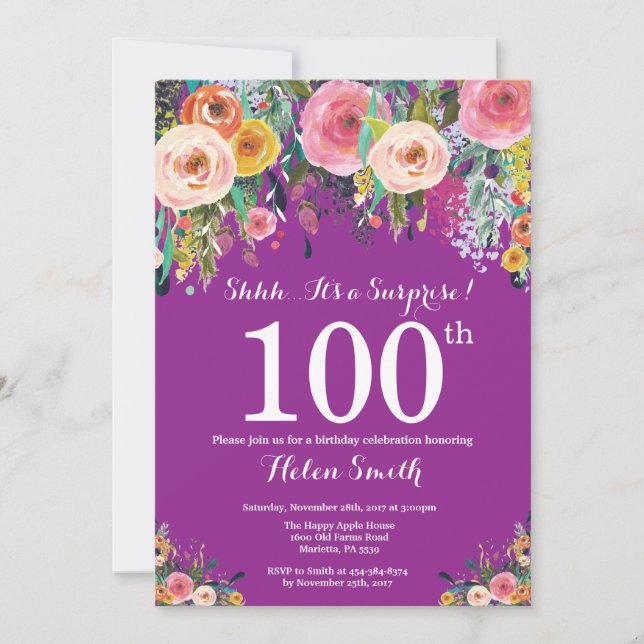 Purple Floral Surprise 100th Birthday Invitation (Front)
