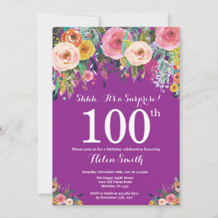 Purple Floral Surprise 100th Birthday Invitation