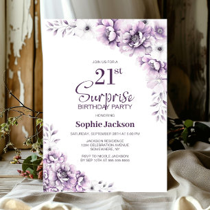 Purple Floral Surprise 21st Birthday Party Invitation