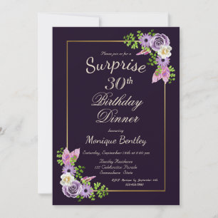 Purple Floral Surprise 30th Birthday Dinner Invitation