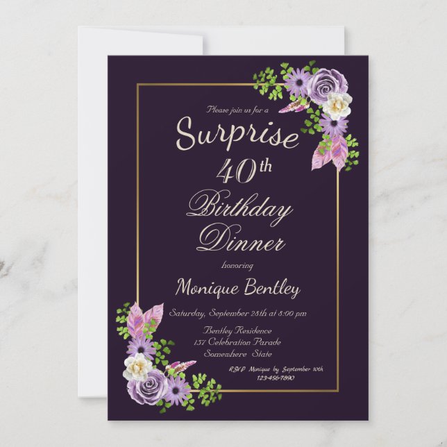 Purple Floral Surprise 40th Birthday Dinner Invitation (Front)