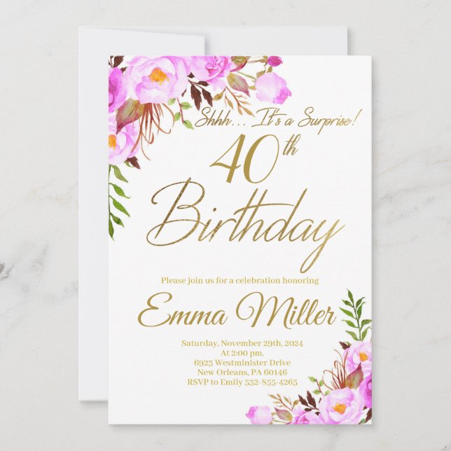 Purple Floral Surprise 40th Birthday Party Invitation (Front)