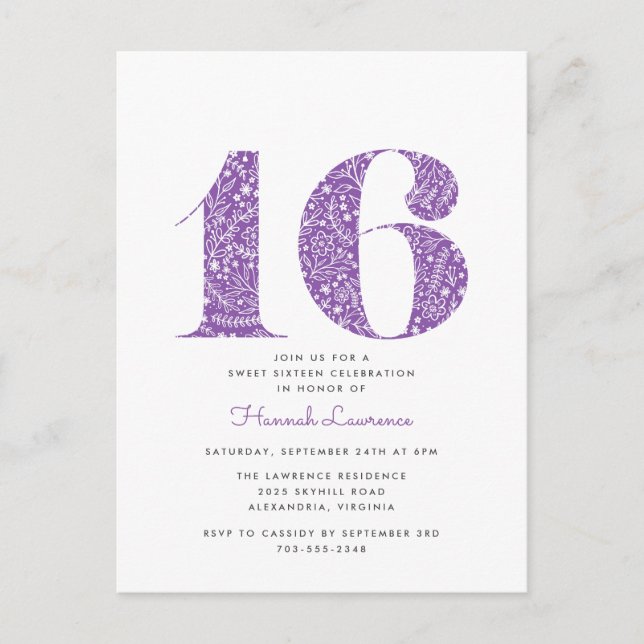 Purple Floral Sweet 16 Birthday Invitation Postcard (Front)