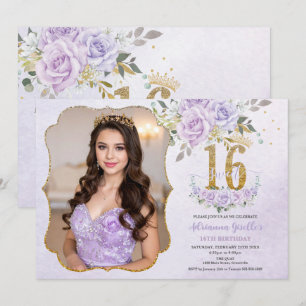 Purple Floral Sweet Sixteen 16th Birthday Photo Invitation