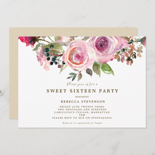 purple floral sweet sixteen party invitation (Front/Back)