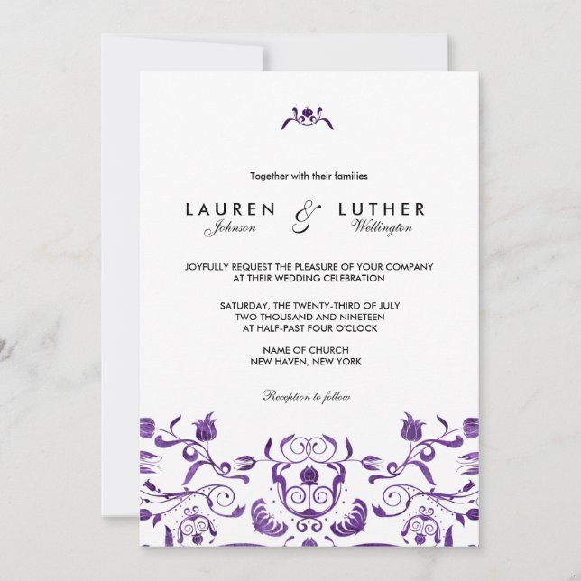 Purple Floral Swirl Wedding or Bridal Invites 3455 (Front)