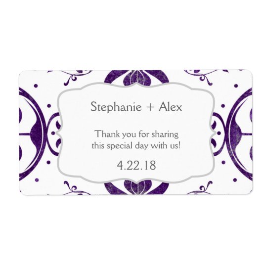 Purple Floral Swirl Wedding Water Bottle Favour Shipping Label