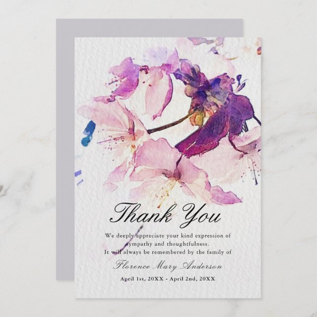 Purple Floral Sympathy Memorial Thank You Card (Front/Back)