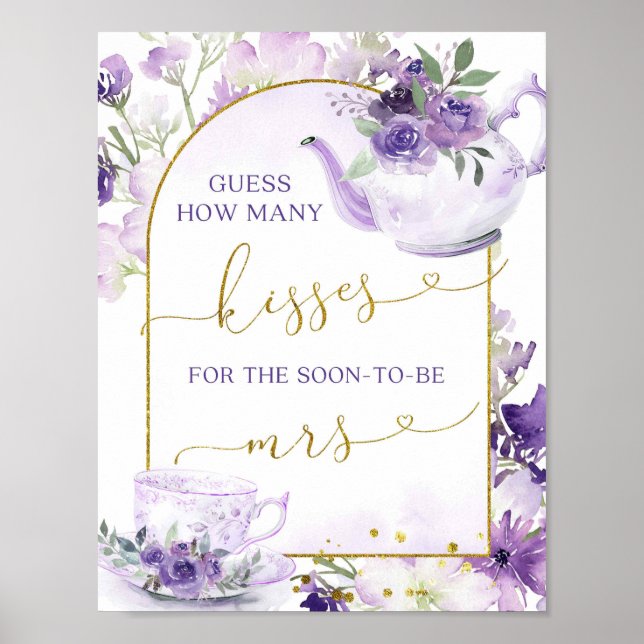Purple Floral Tea How Many Kisses Bridal Games Poster (Front)