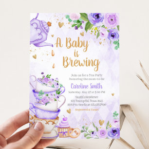 Purple Floral Tea Party Baby Shower Invitation