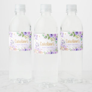 Purple Floral Tea Party Baby Shower Water Bottle Label