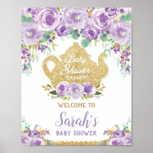 Purple Floral Tea Party Baby Shower Welcome Sign
