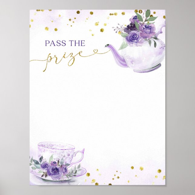 Purple Floral Tea Pass the Prize Bridal Games Poster (Front)
