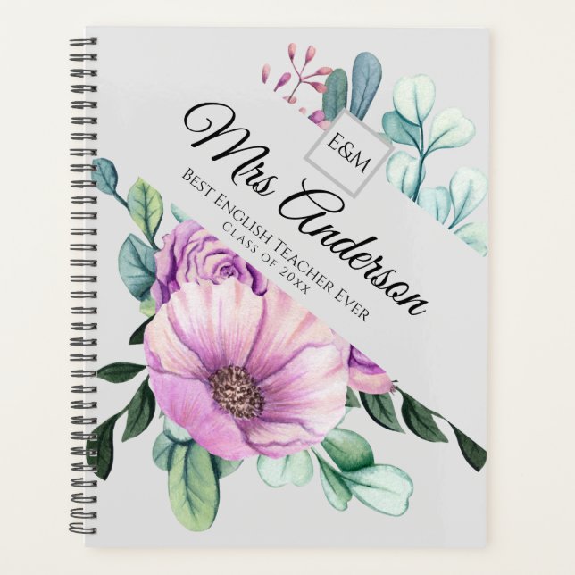 Purple Floral TEACHER Gift - Add Name Class Year Planner (Front)