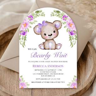 Purple Floral Teddy Bear Arch Baby Shower Invitation