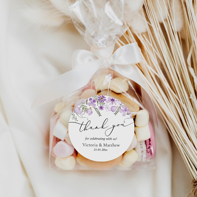 Purple Floral Thank You Wedding Favour Sticker (Creator Uploaded)