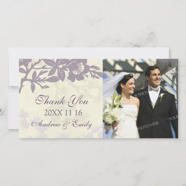 Purple Floral Thank You Wedding Photo Cards (Front)