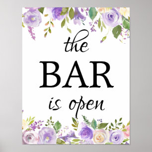 Purple Floral The Bar is Open Wedding Bar Sign