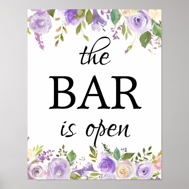 Purple Floral The Bar is Open Wedding Bar Sign (Front)
