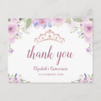 purple floral tiara quinceanera thank you card