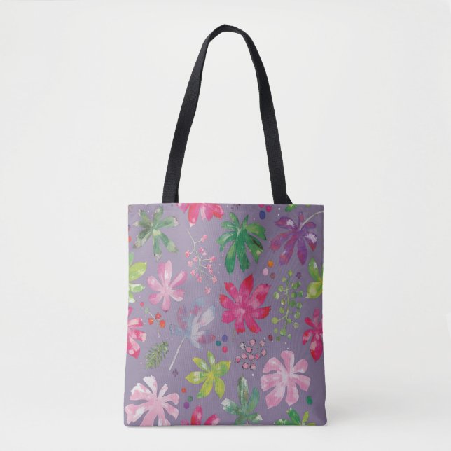 Purple Floral Tote Bag – Pink & Green Botanical  (Front)