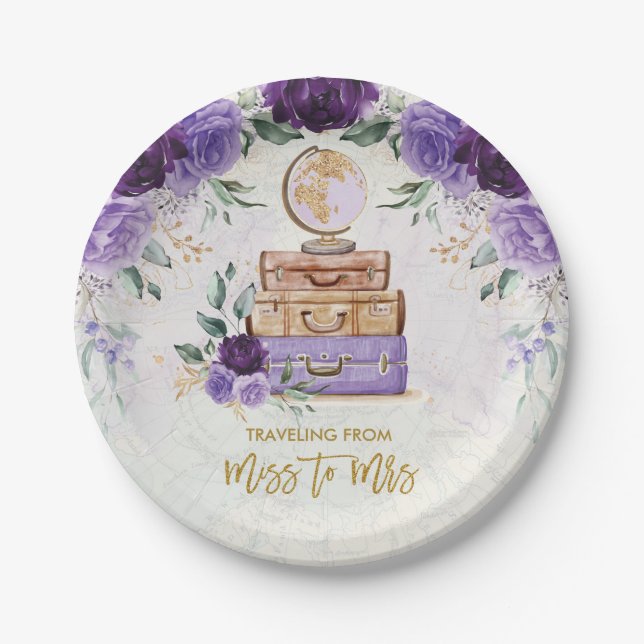 Purple Floral Travelling from Miss to Mrs Shower Paper Plate (Front)