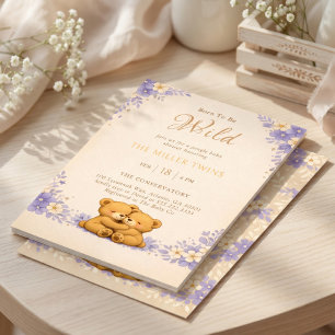 Purple Floral Twin Teddy Bear Born To Be Wild Invitation