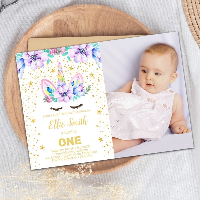 Purple Floral Unicorn Birthday Invitation with Pho (Purple Floral Unicorn Invitations with photo)
