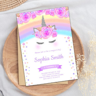 Purple Floral Unicorn Birthday Invitations