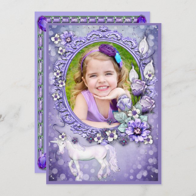 Purple Floral Unicorn Photo Birthday Party Invitation (Front/Back)