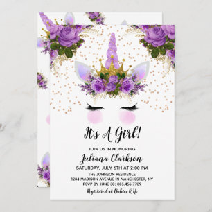 Purple Floral Unicorn Princess Baby Shower Invitation