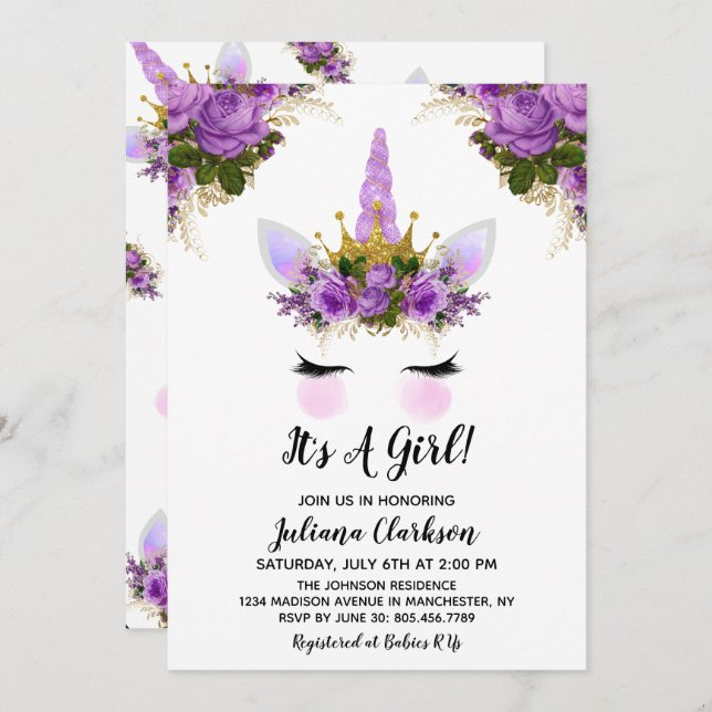 Purple Floral Unicorn Princess Baby Shower Invitation (Front/Back)