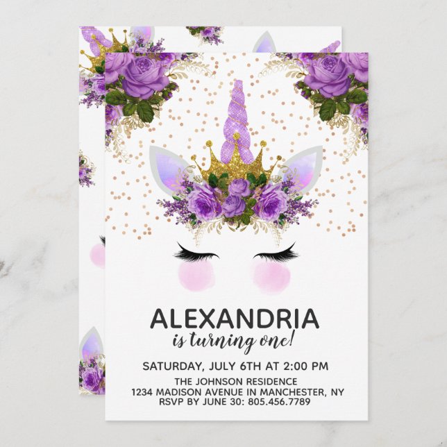 Purple Floral Unicorn Princess Birthday Invitation (Front/Back)