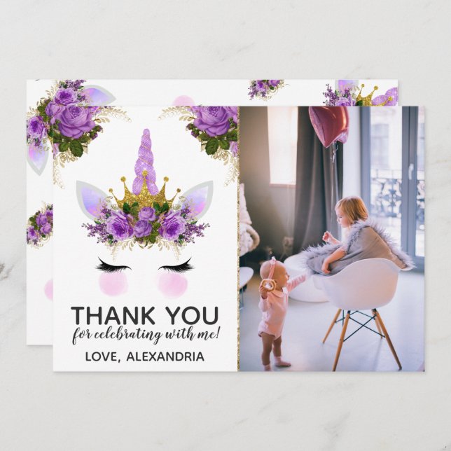 Purple Floral Unicorn Princess Thank You Invitation (Front/Back)