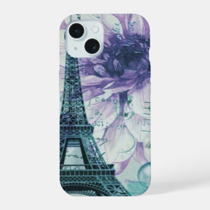 purple floral Vintage Paris Eiffel Tower iPhone 15 Case