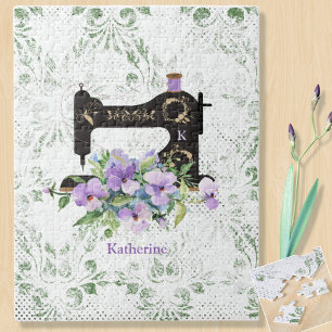 Purple Floral Vintage Sewing Machine Monogram Jigs Jigsaw Puzzle