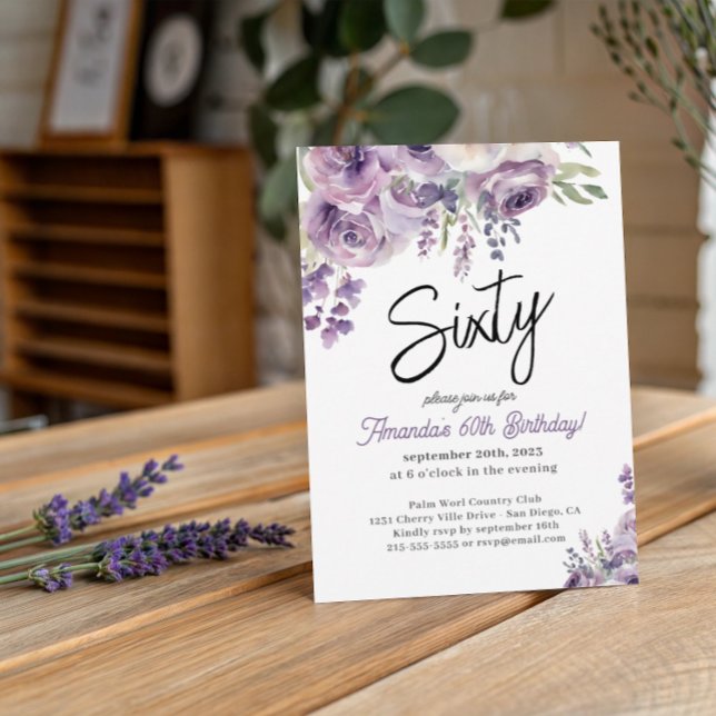 Purple Floral Watercolor 60th Birthday Invitation (Creator Uploaded)