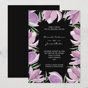 Purple Floral Watercolor Black Wedding Invitation