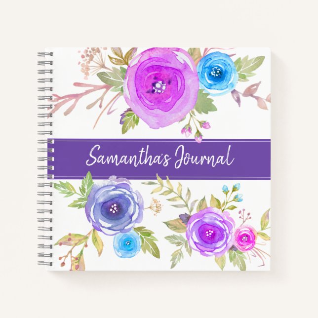Purple floral watercolor custom script journal (Front)