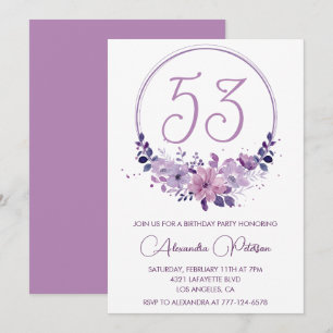  Purple Floral Watercolor Elegant 53rd birthday Invitation