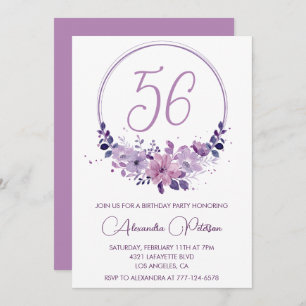  Purple Floral Watercolor Elegant 56th birthday Invitation