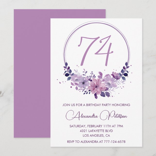  Purple Floral Watercolor Elegant 74th birthday Invitation (Front/Back)